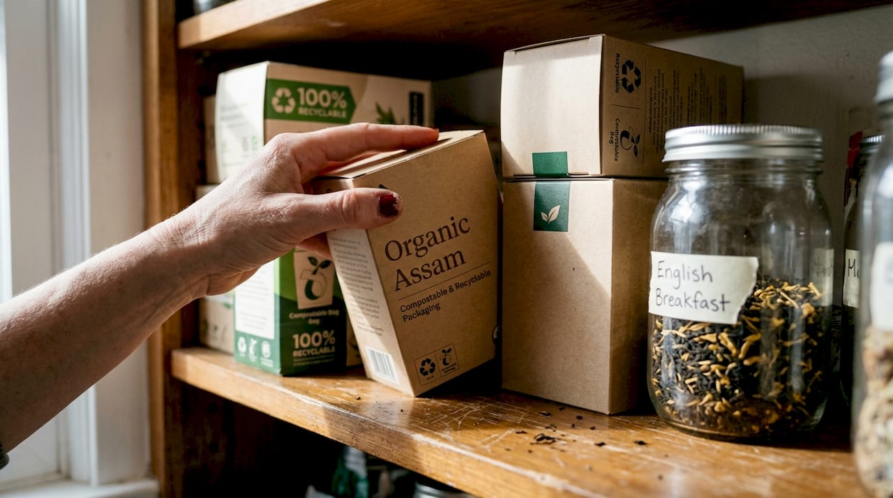Compostable tea packaging box on pantry shelf