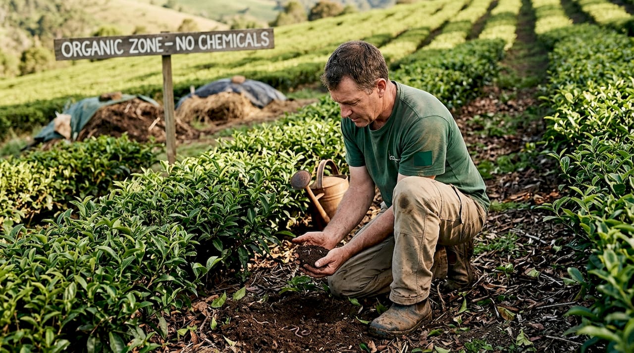 Worker examines rich soil on organic tea farm