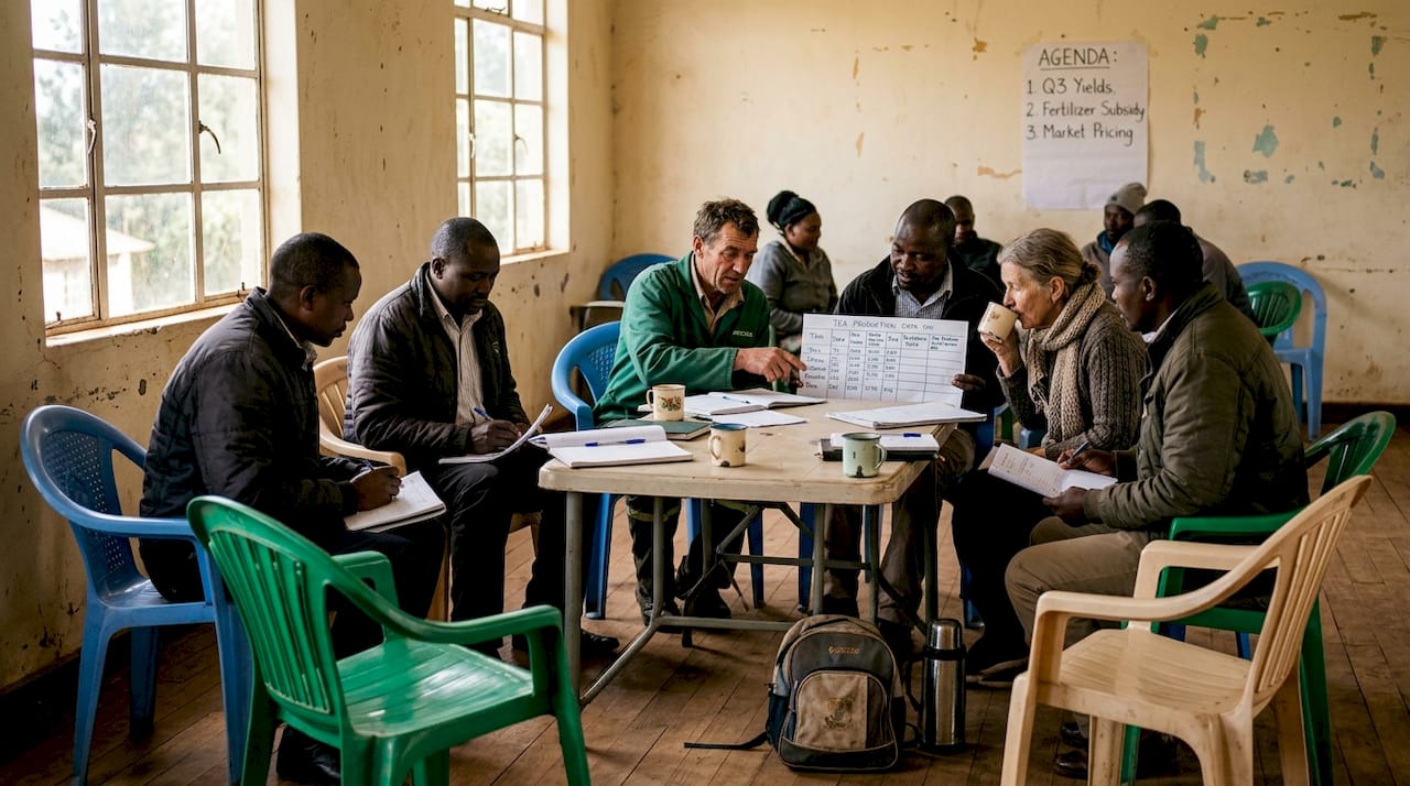 Farmers meeting discussing community projects