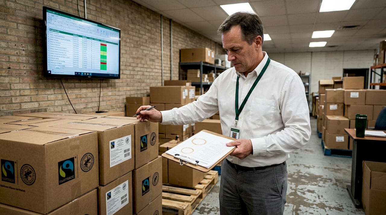 Certification inspector verifying labeled cartons