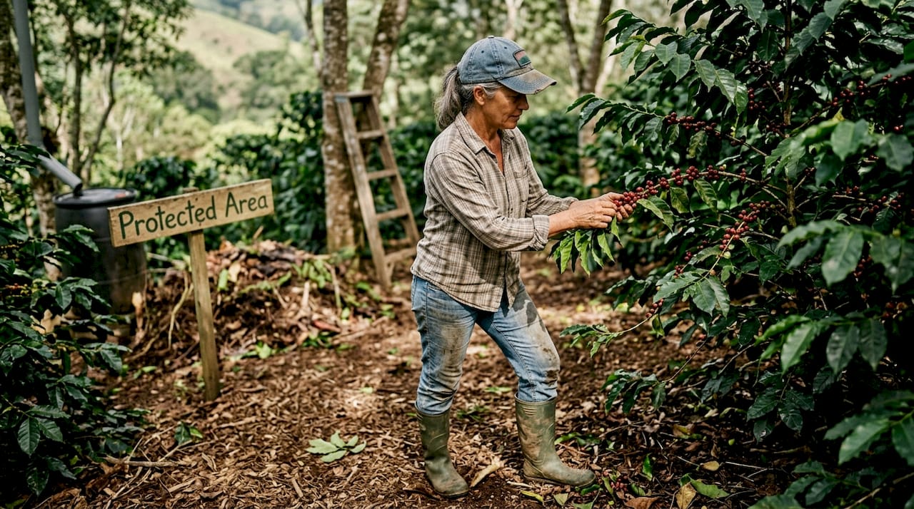 Farmer inspecting sustainable coffee crop grove