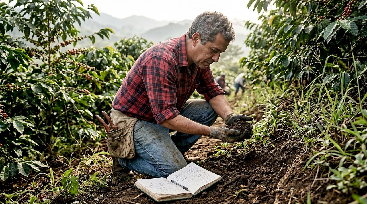 Agronomist inspecting coffee and tea crops