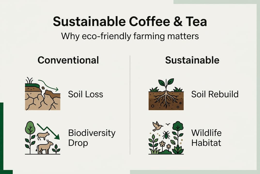 Infographic comparing sustainable and conventional farming