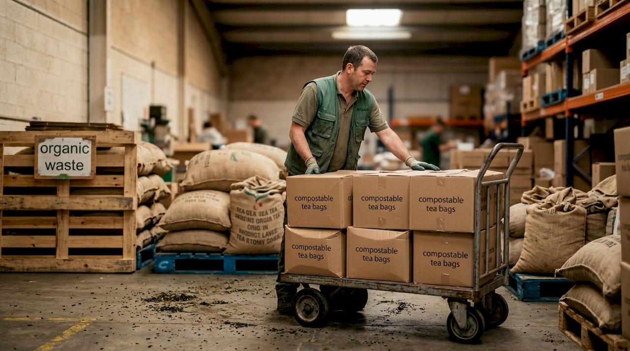 Worker handling compostable tea packaging warehouse