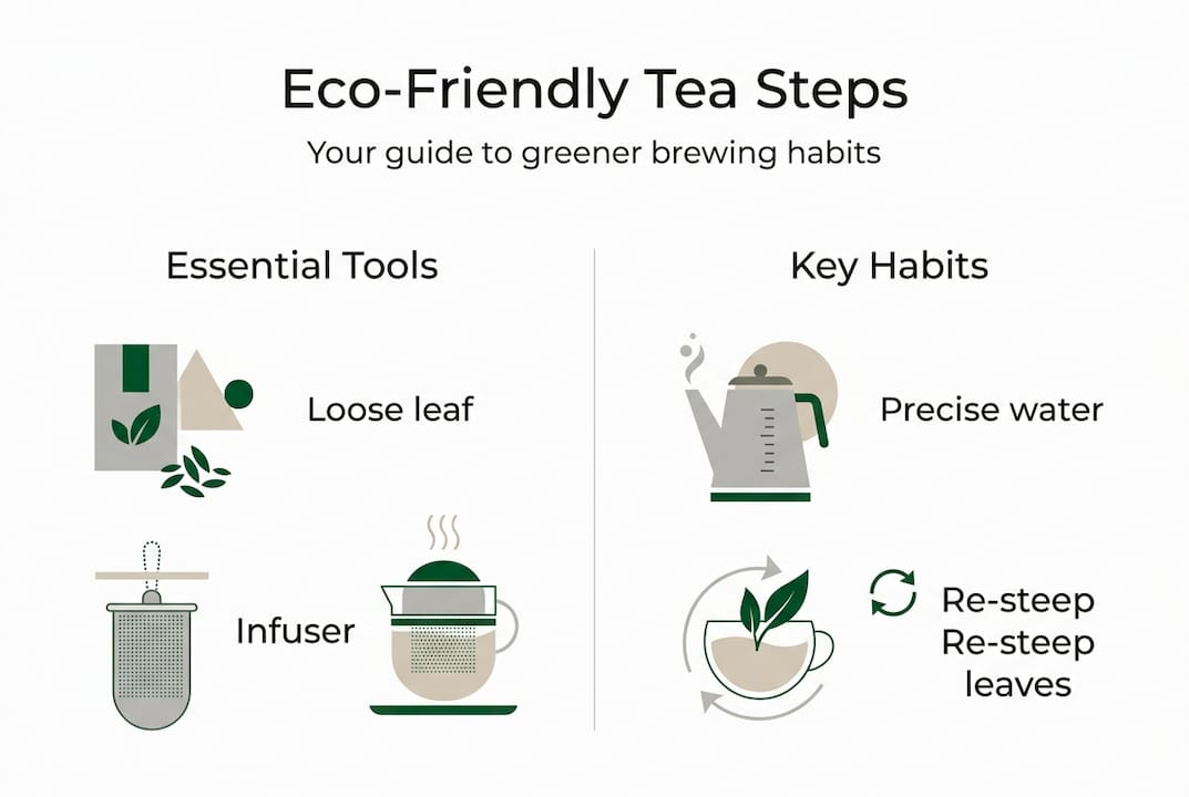 Infographic on eco tea brewing steps and tools