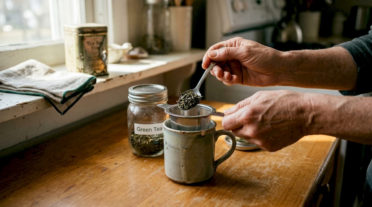 Hands loading eco tea infuser at home