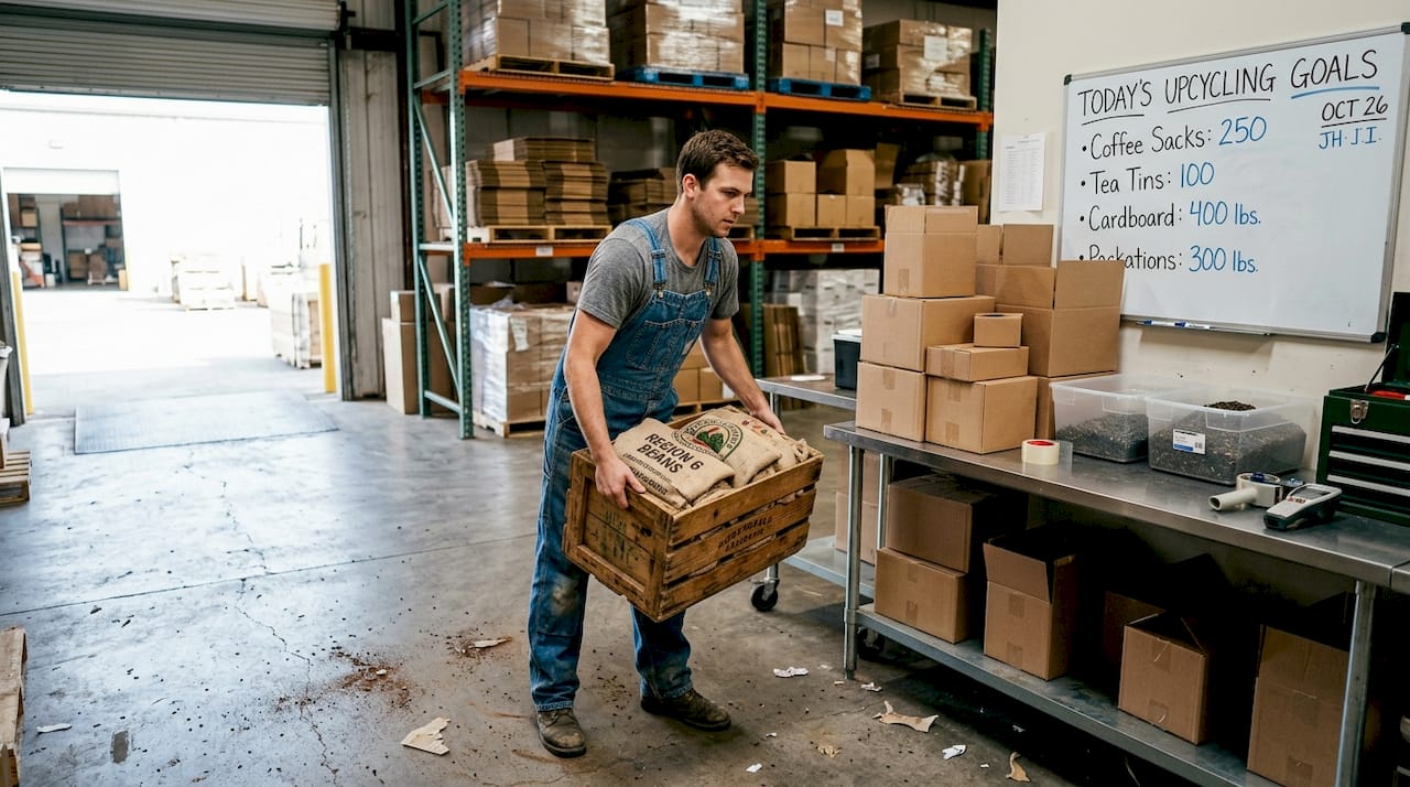 Worker handling used coffee sacks for upcycling