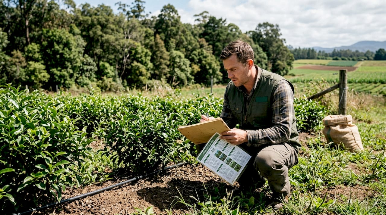Field technician surveys healthy tea shrubs