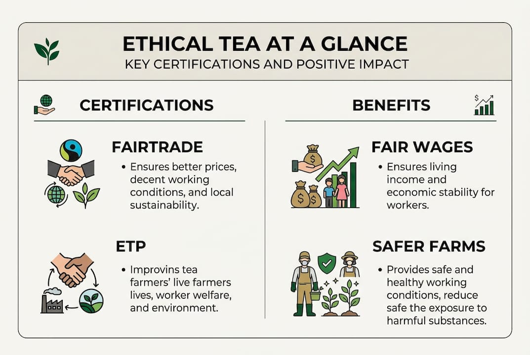 Infographic of ethical tea certifications and benefits
