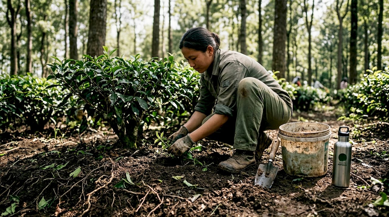 Worker caring for sustainable tea field up close