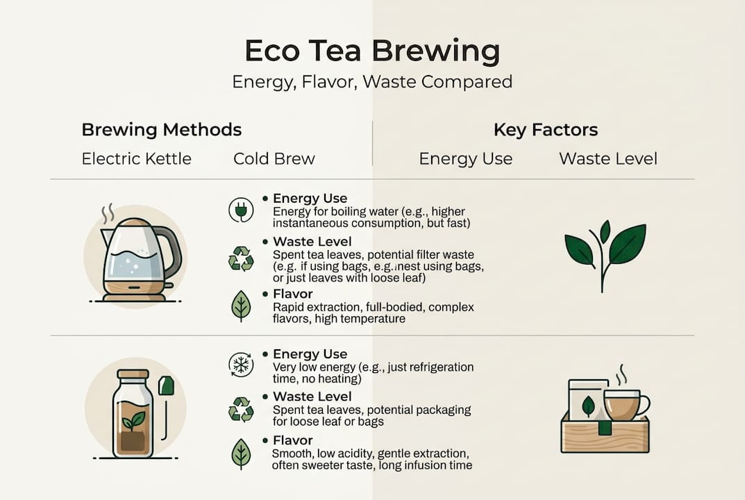 Infographic comparing tea brewing methods and eco factors