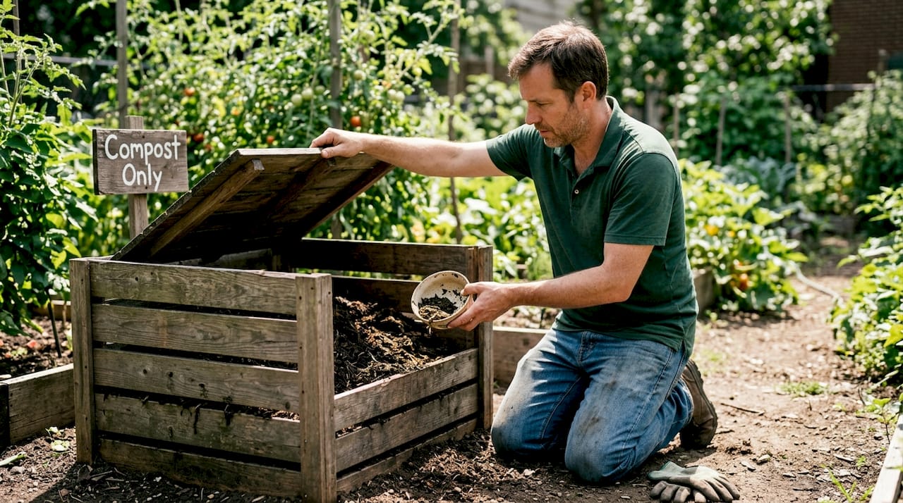 Man composting used tea leaves in a backyard garden
