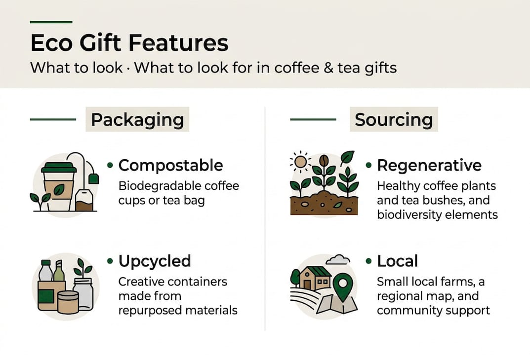 Infographic with eco-friendly coffee tea gift features