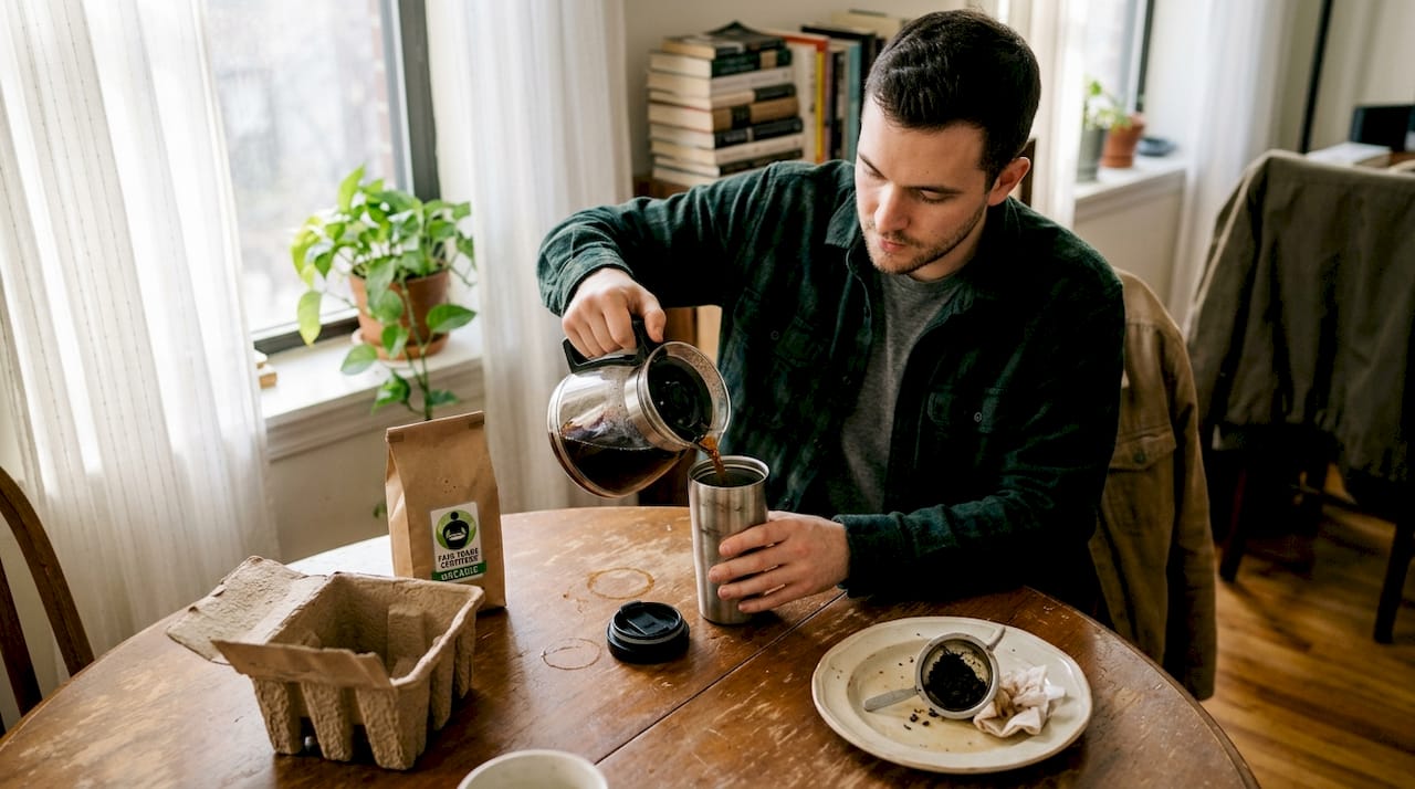 Man preparing zero-waste coffee gift at home