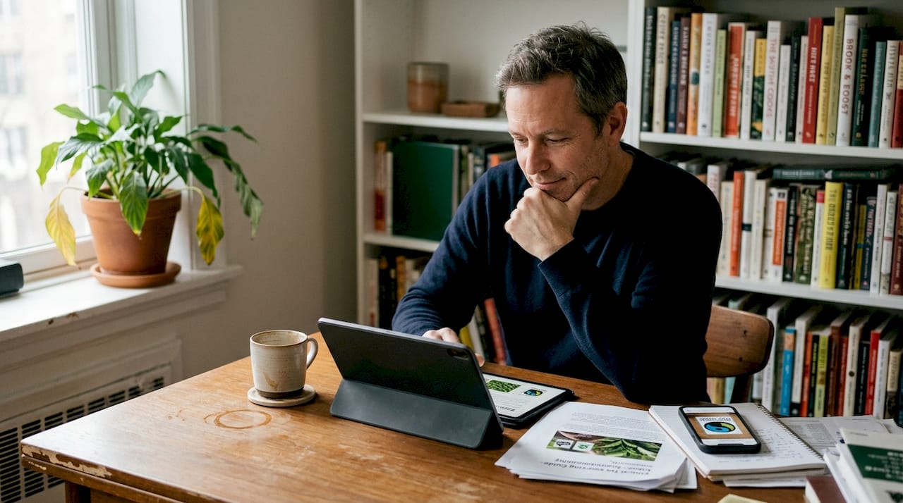 Man researching ethical tea sourcing at home