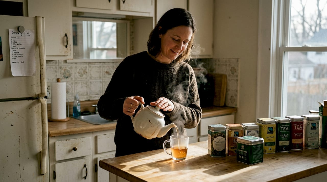 Woman tasting fair trade teas in kitchen