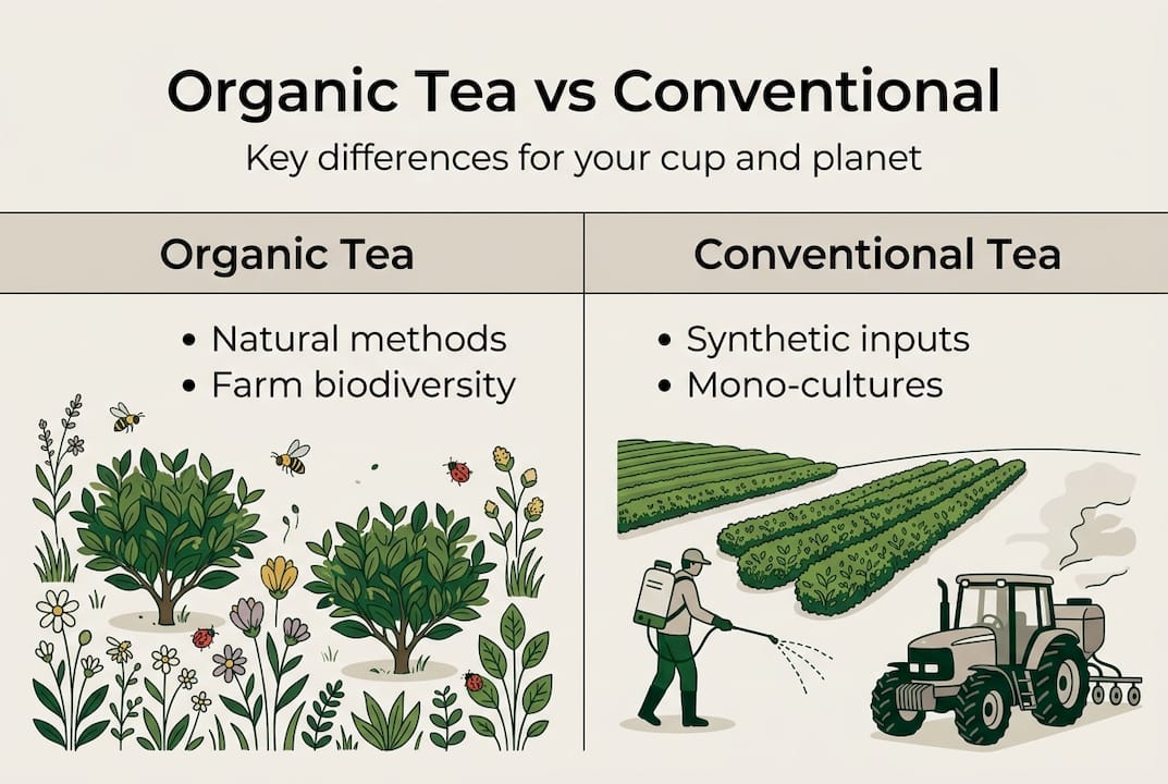 Infographic contrasting organic and conventional tea