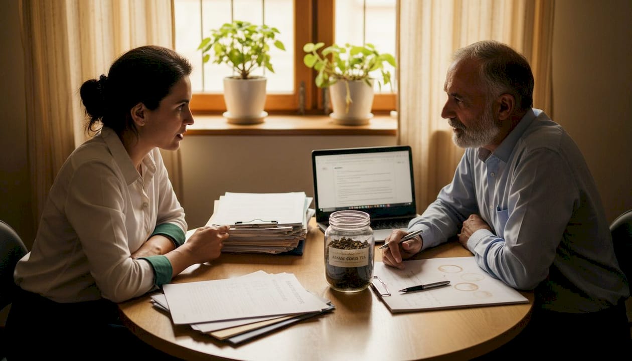 Professionals discussing ethical tea sourcing with documents
