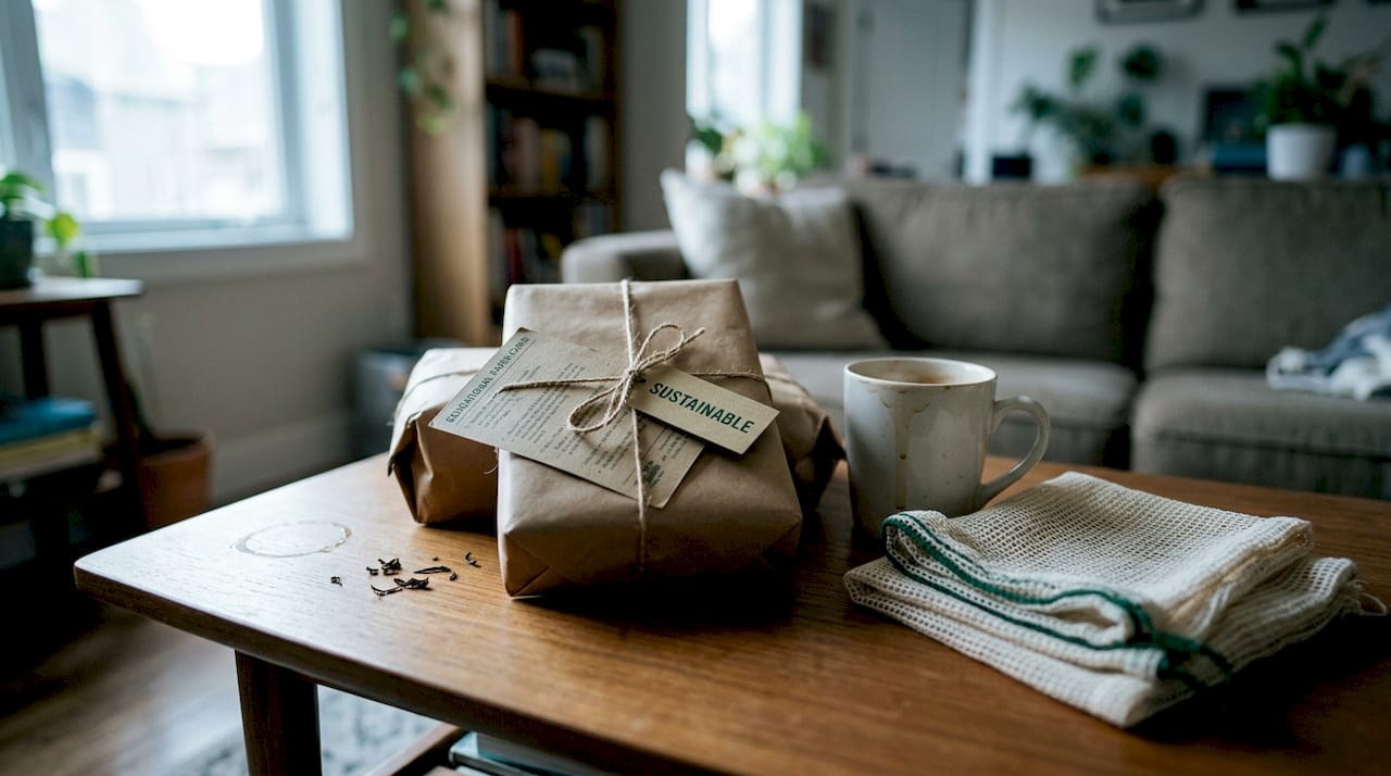 Close-up of sustainable gift packaging and educational card