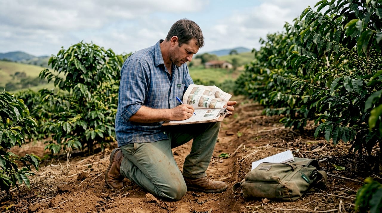 Farmer reading training materials in coffee field