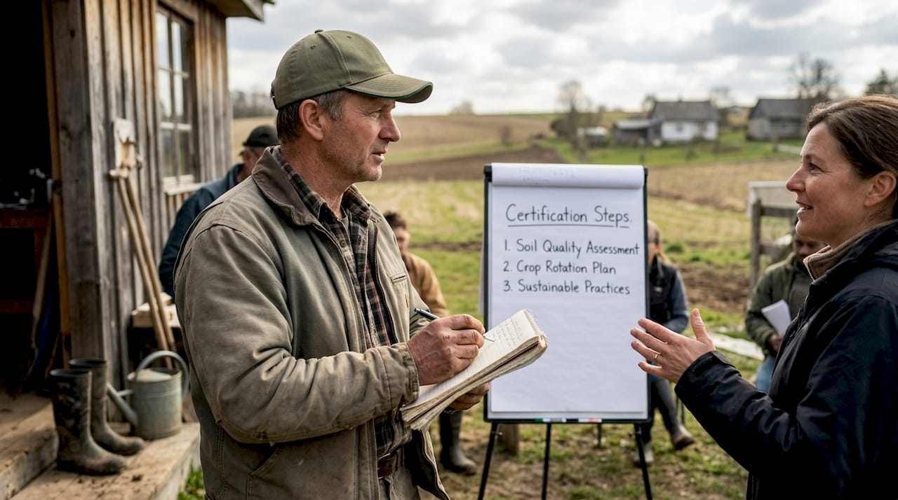 Farmer receiving certification training in village setting