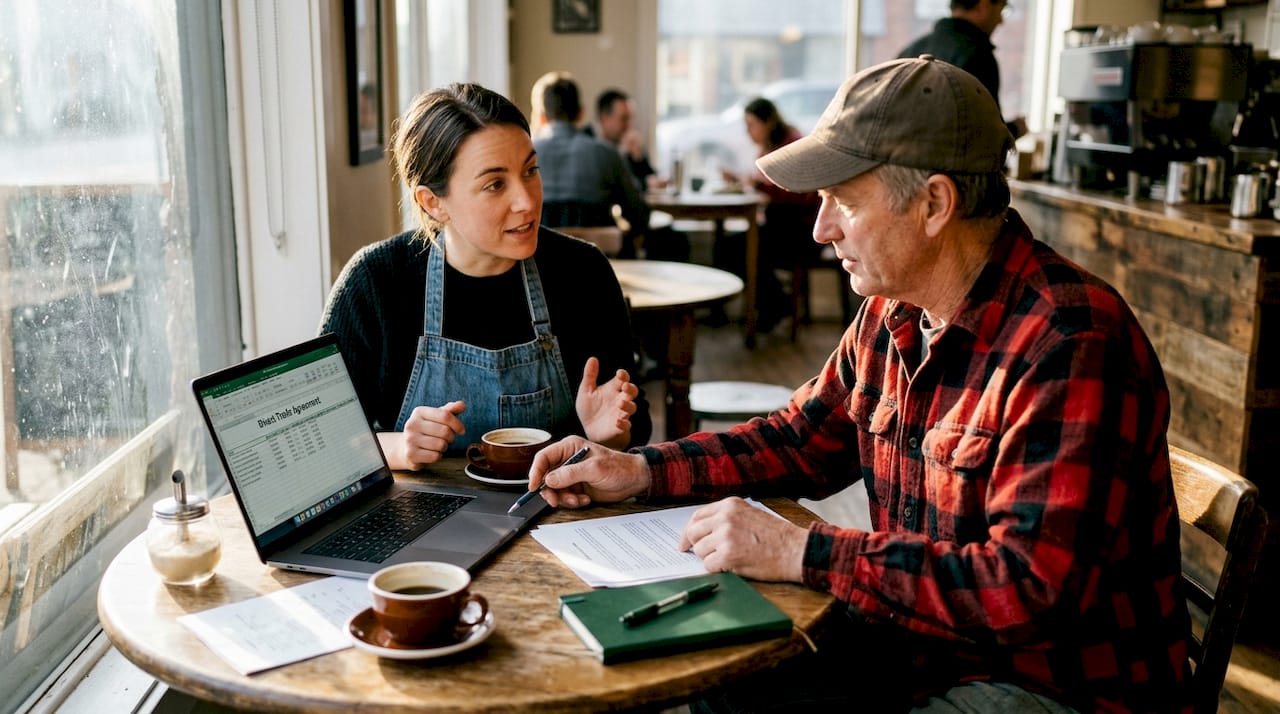 Café owner and farmer negotiating trade