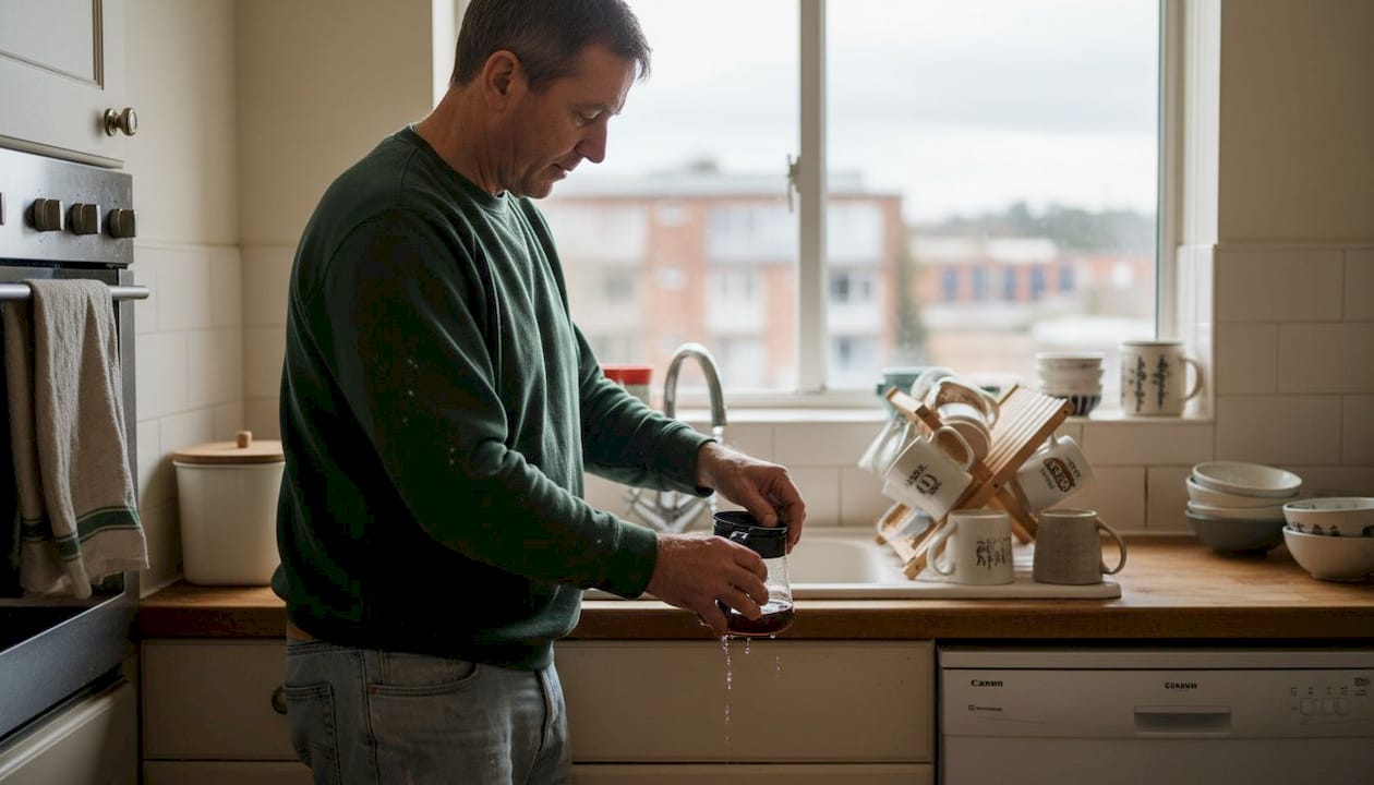 Man cleaning reusable coffee gear at home