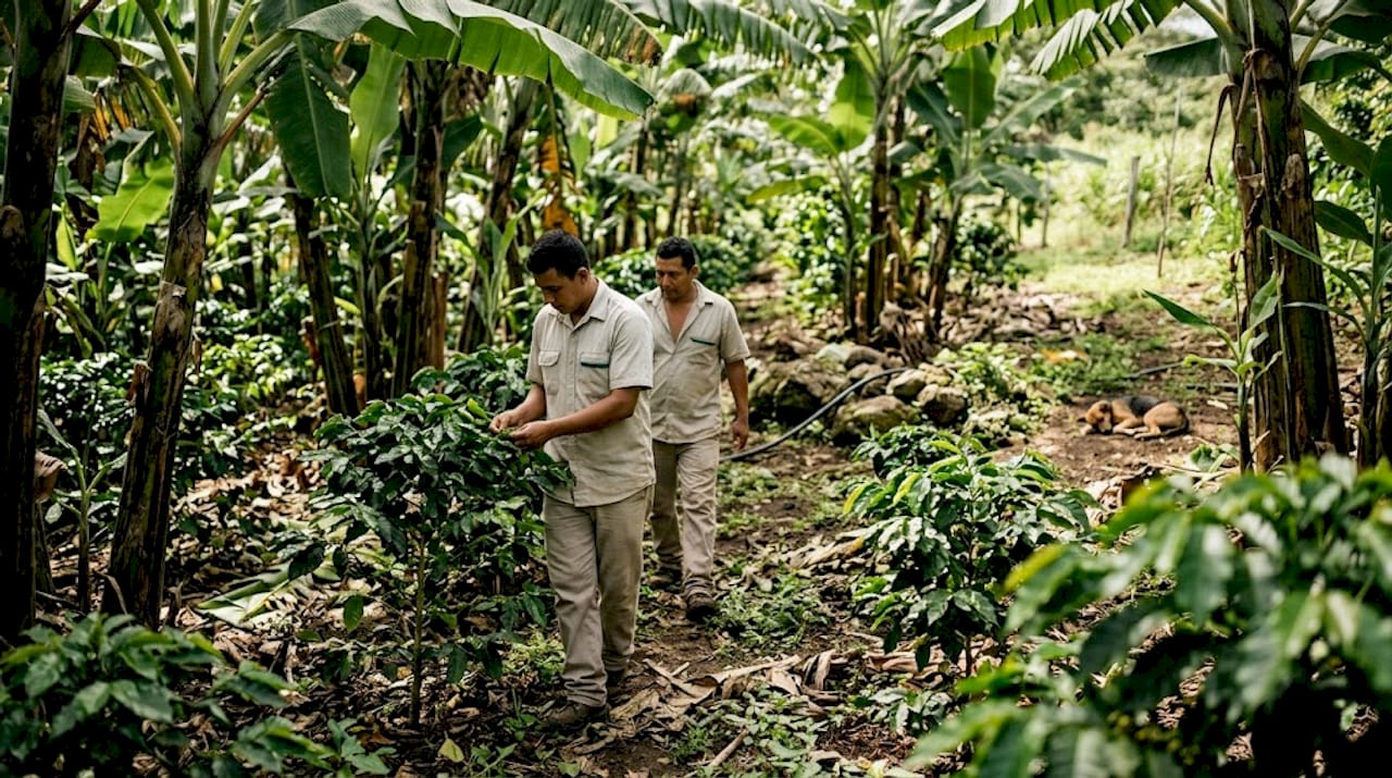 Workers inspecting coffee under shade trees on farm