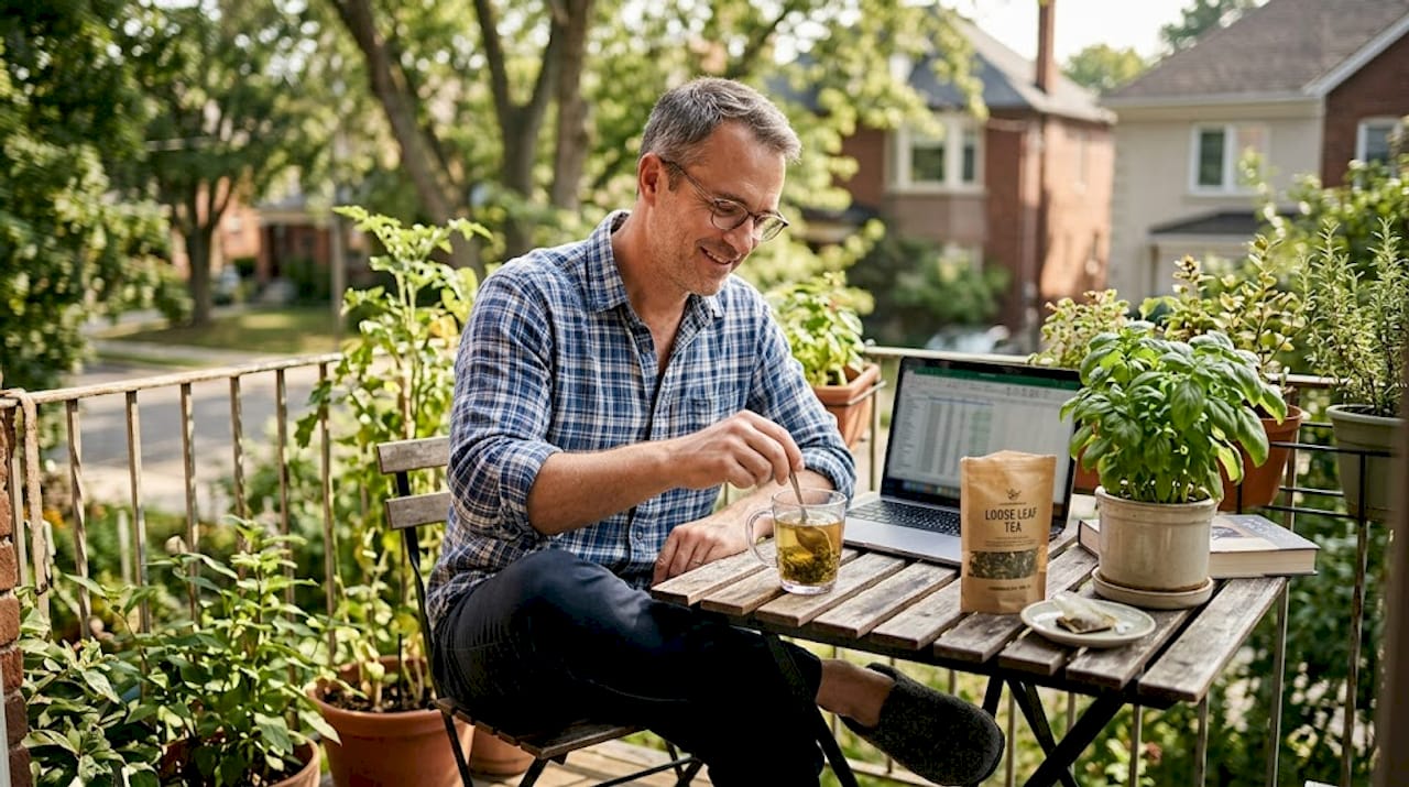 Tea drinker with eco-friendly tea setup