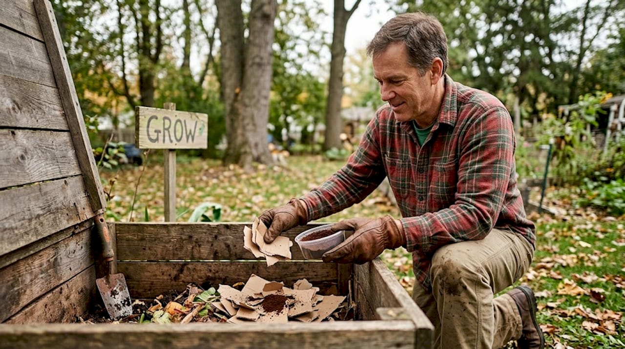Man adding coffee grounds to compost pile