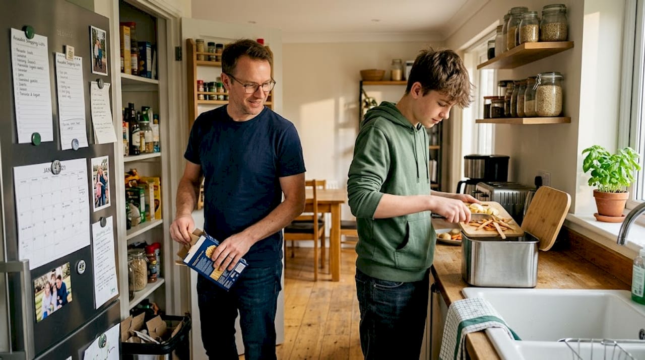 Family practicing energy and food waste habits
