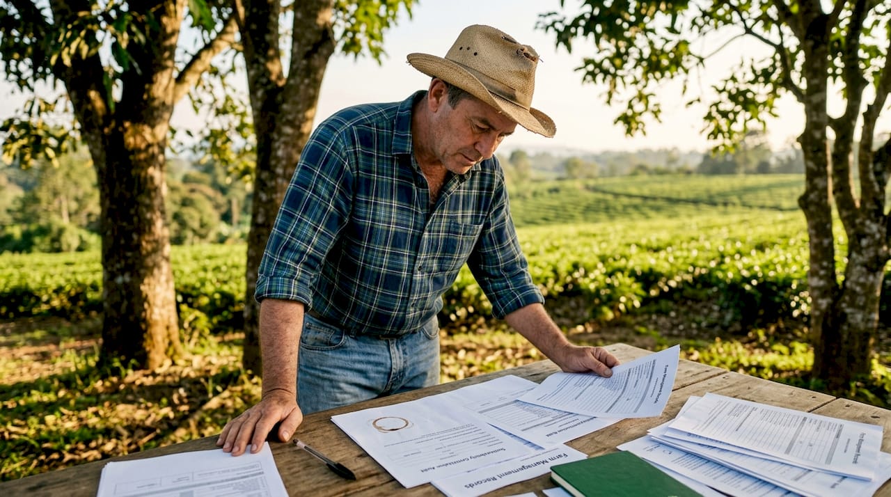Farmer reviewing certification paperwork outdoors