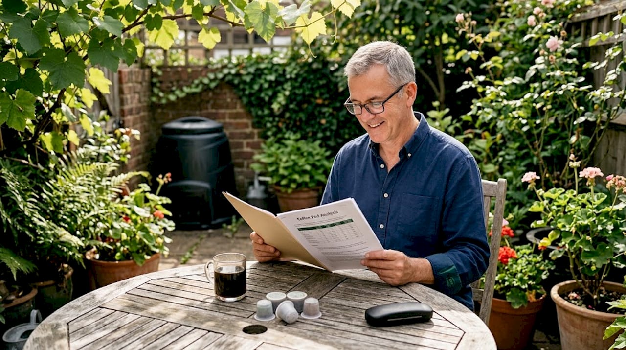 Man reviewing coffee pod environmental report outdoors