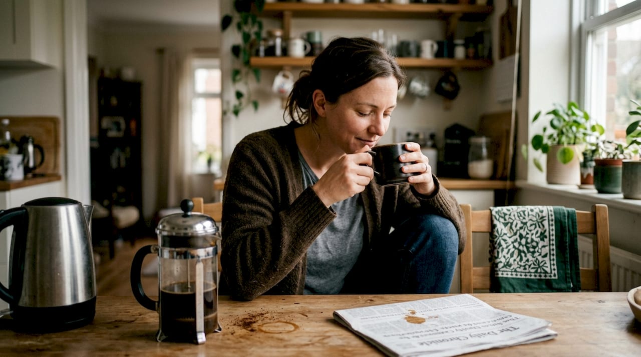 Woman savoring mug of slow roasted coffee