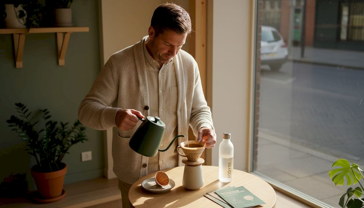 Man using paper-based coffee pod in café