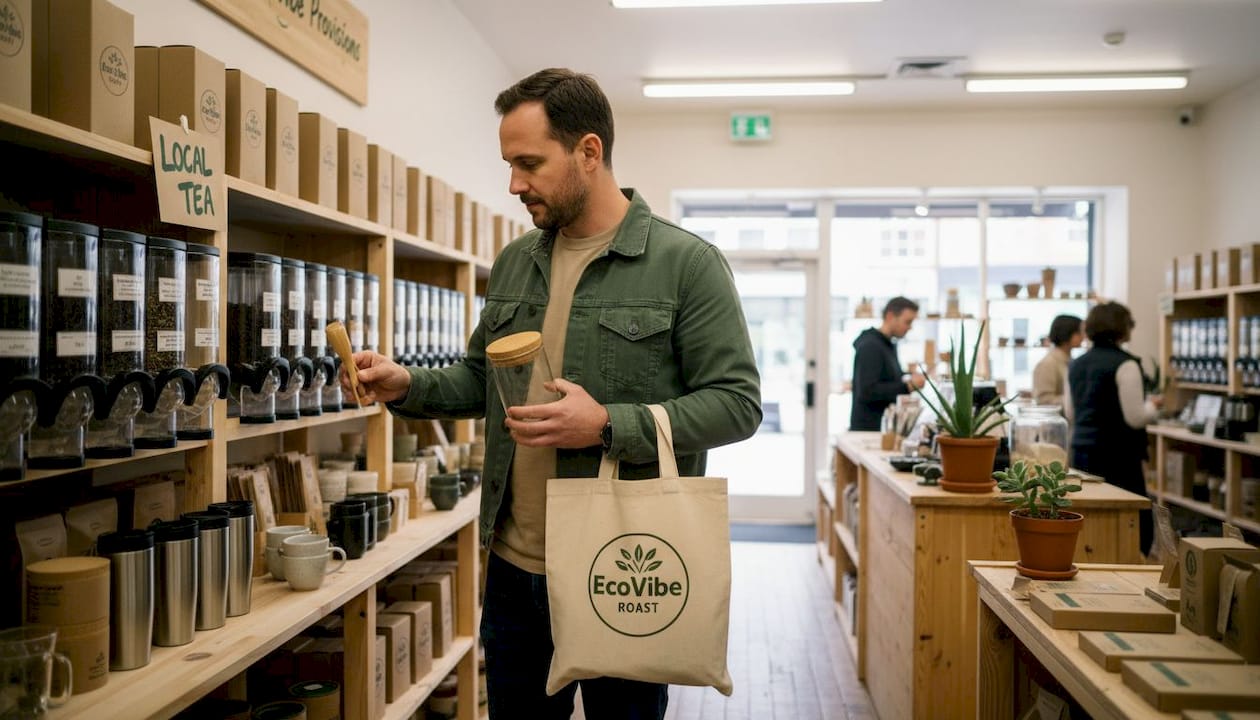 Man browsing eco-friendly teaware in shop