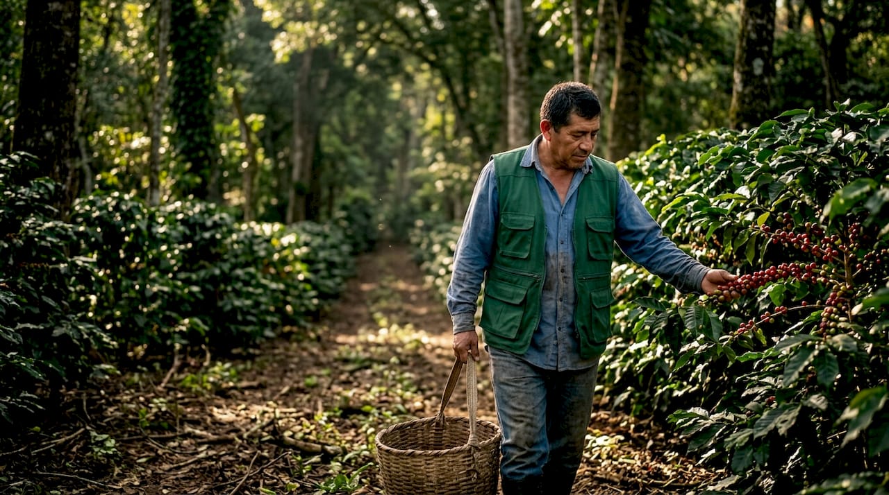 Farmer on shade-grown coffee plantation