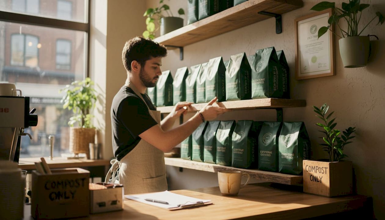 Barista arranging climate-positive coffee in café