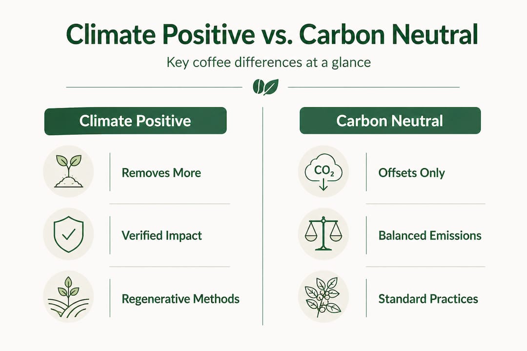 Infographic comparing climate positive and carbon neutral coffee
