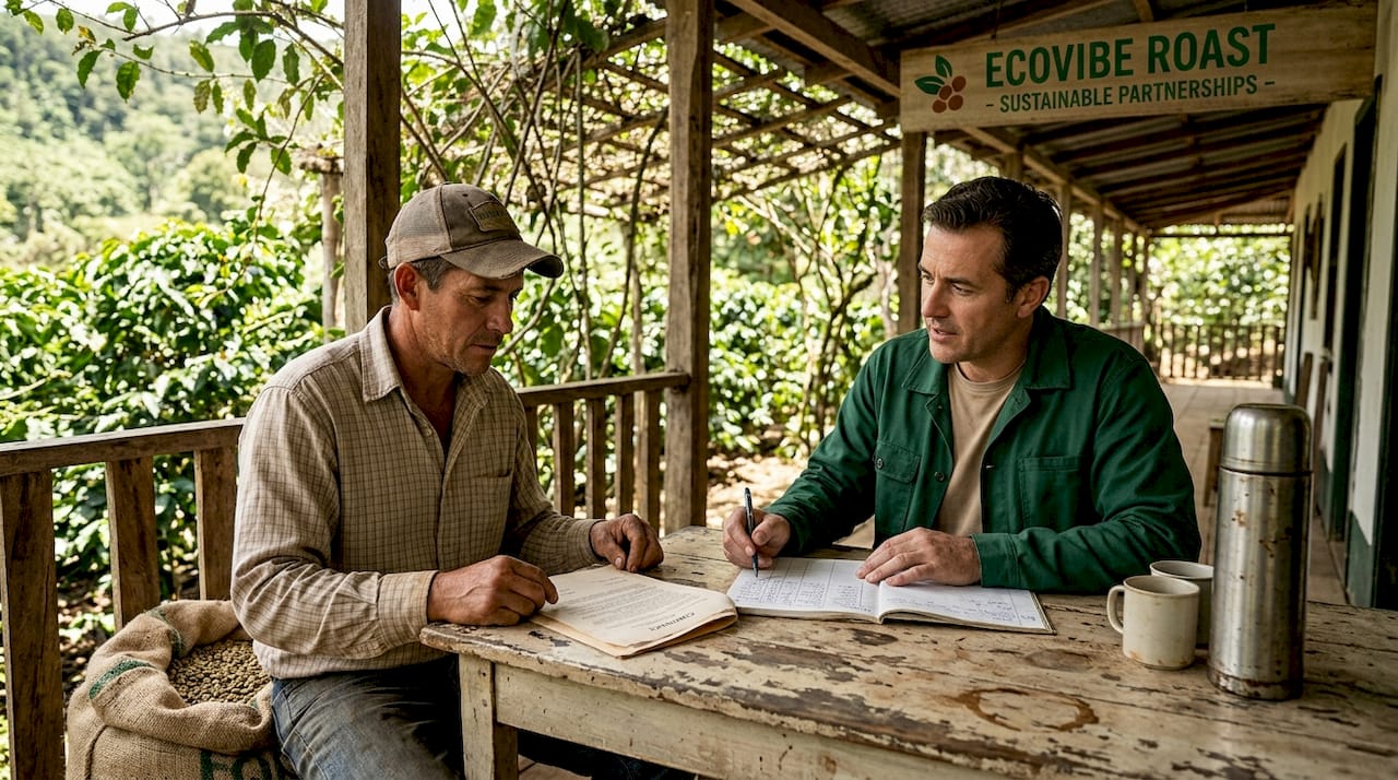 Farmer and buyer reviewing coffee payments