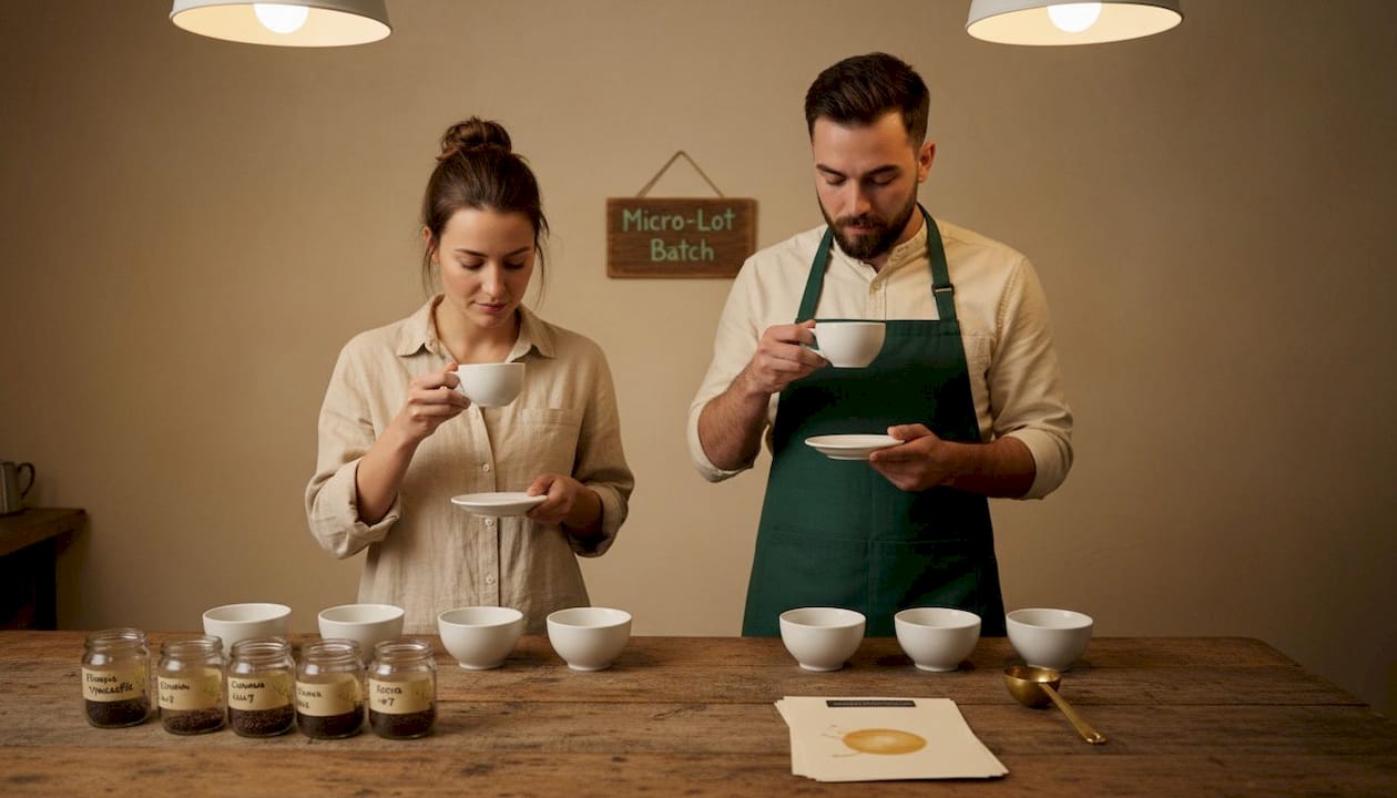 Coffee roasters cupping and testing micro-lot samples