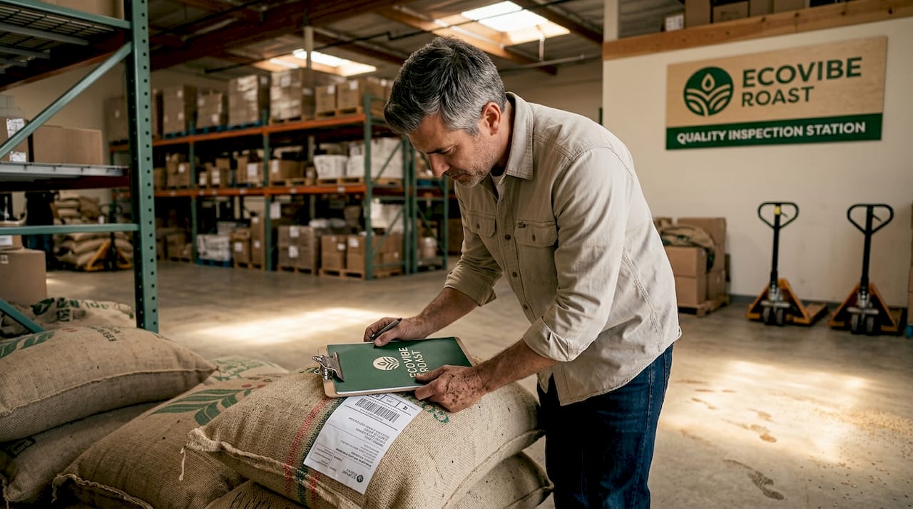 Inspector tracks coffee beans in warehouse