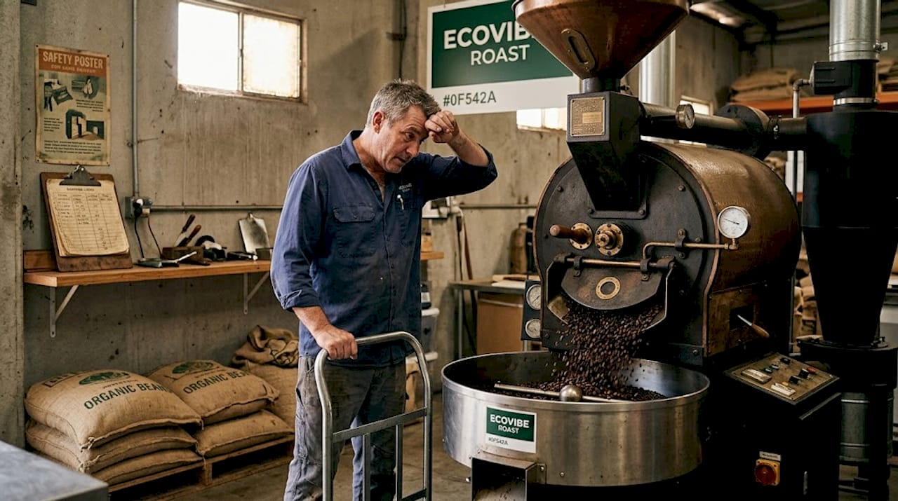 Traditional drum coffee roaster in use
