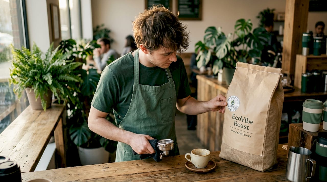 Barista checking coffee certifications in shop