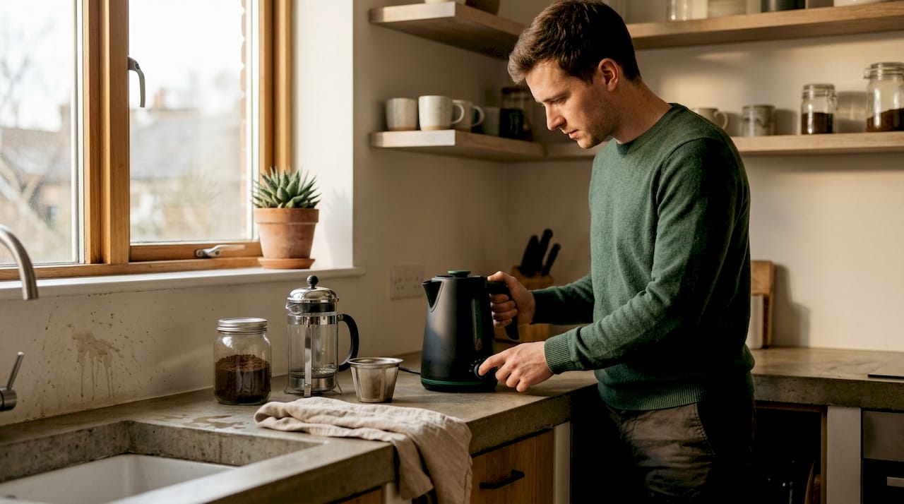 Efficient coffee brewing setup in apartment kitchen