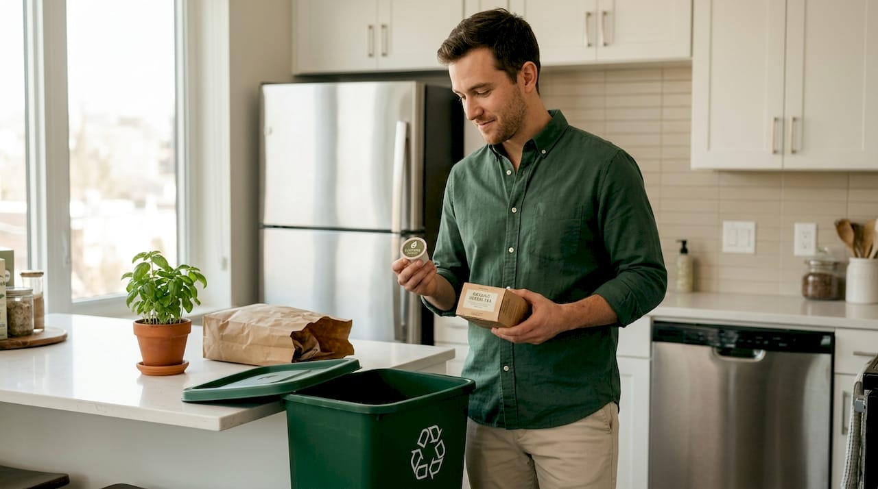 Man recycling coffee and tea packaging