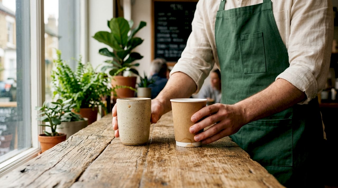 Barista comparing reusable and disposable coffee cups