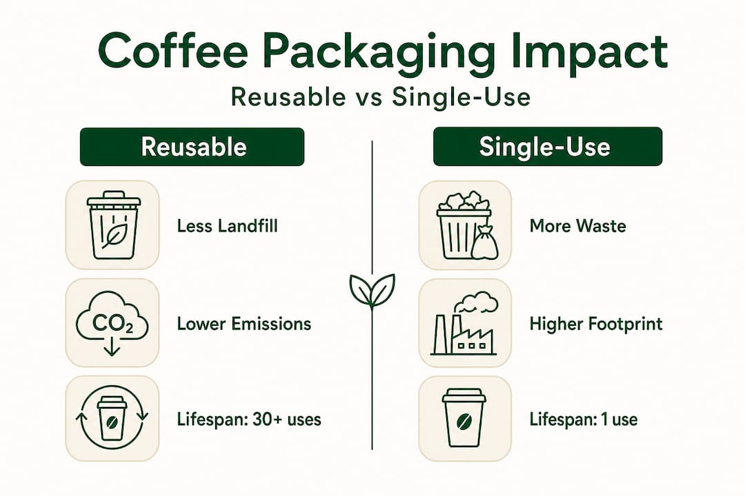 Infographic comparing reusable and single-use coffee packaging
