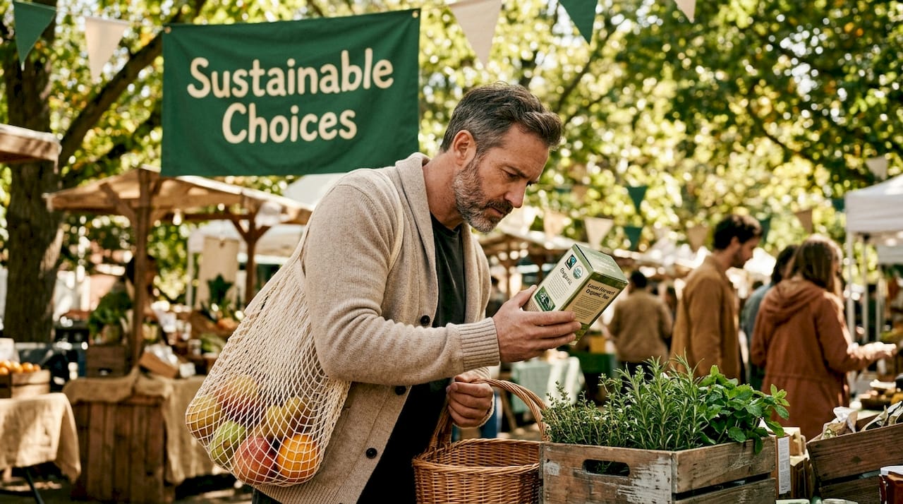 Man checking certification label on tea box in grocery aisle