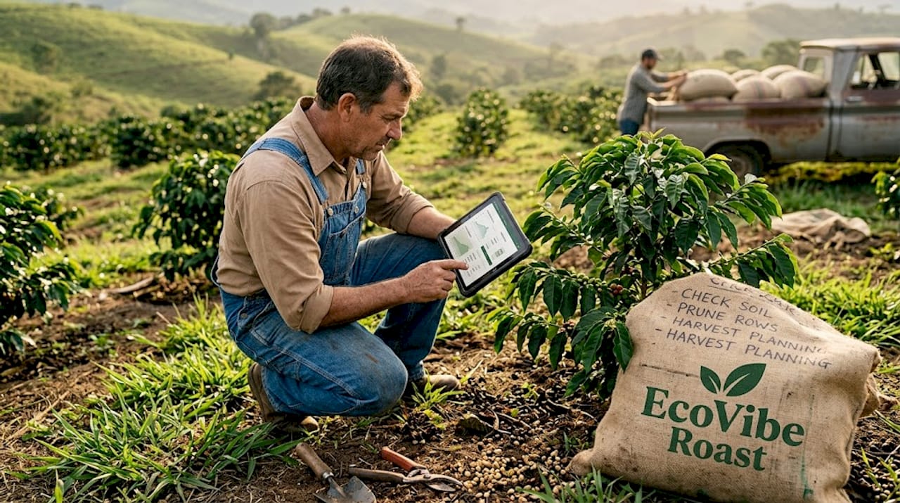 Coffee farmer checks tablet for soil data